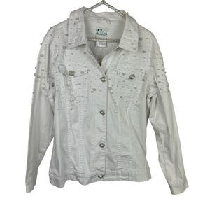 The Quacker Factory white denim jacket pearls and rhinestones Size medium NWT